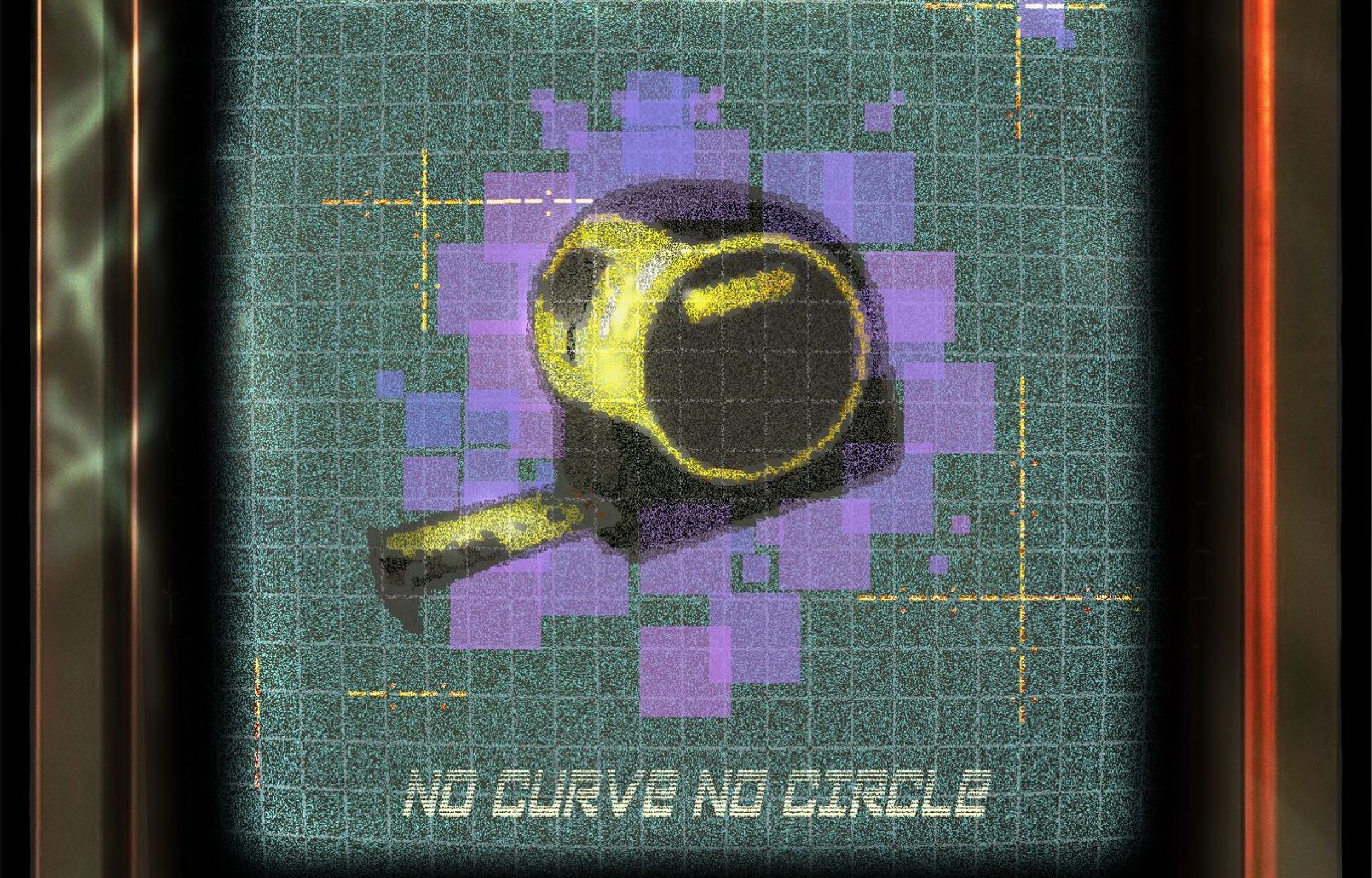 An old-fashioned computer screen displaying a digital graphic of a tape measure with a purple background. The text "GRID" is at the top, and "NO CURVE NO CIRCLE" appears at the bottom. The screen also shows the words "FAKÉ HÔUSÈS" on the computer's body.