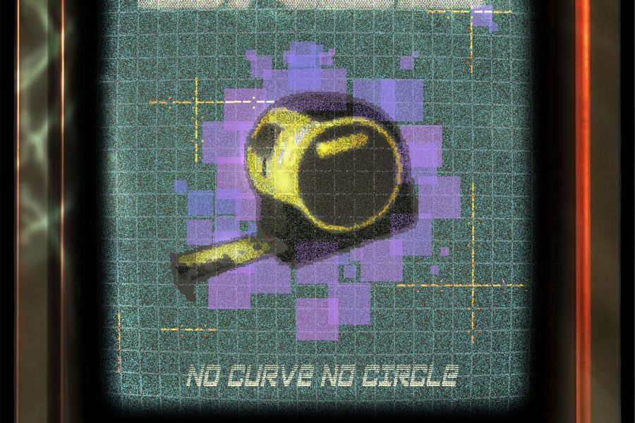 An old-fashioned computer screen displaying a digital graphic of a tape measure with a purple background. The text "GRID" is at the top, and "NO CURVE NO CIRCLE" appears at the bottom. The screen also shows the words "FAKÉ HÔUSÈS" on the computer's body.